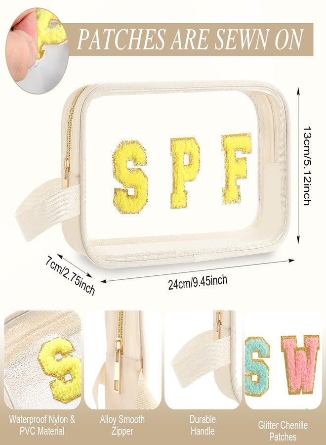 Kacctyen Clear Beach Swim Spf Makeup Bag Preppy Chenille Letter Cosmetics Bag Nylon Toiletry Bag Waterproof Monogram Makeup Travel Pouch Snack Bags for Women(White,Spf) - Image 2