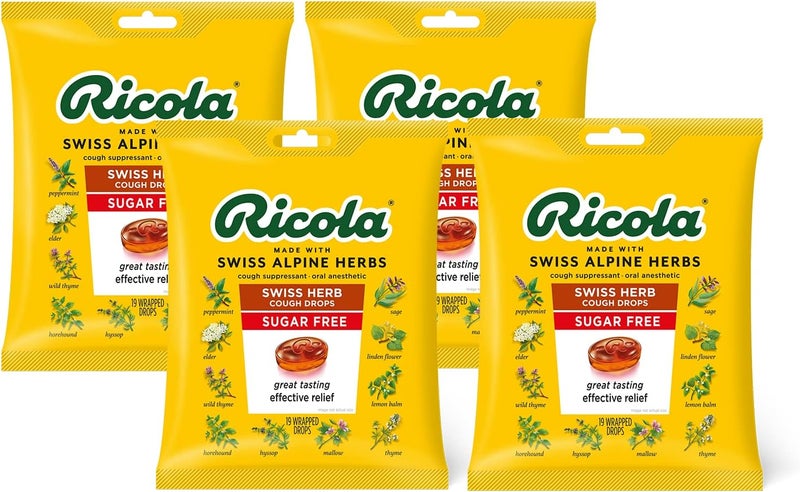 Ricola Ricola Sugar Free Swiss Herb Herbal Cough Suppressant Throat Drops | Naturally Soothing Long-Lasting Relief -19 Count (Pack of 4) Bags
