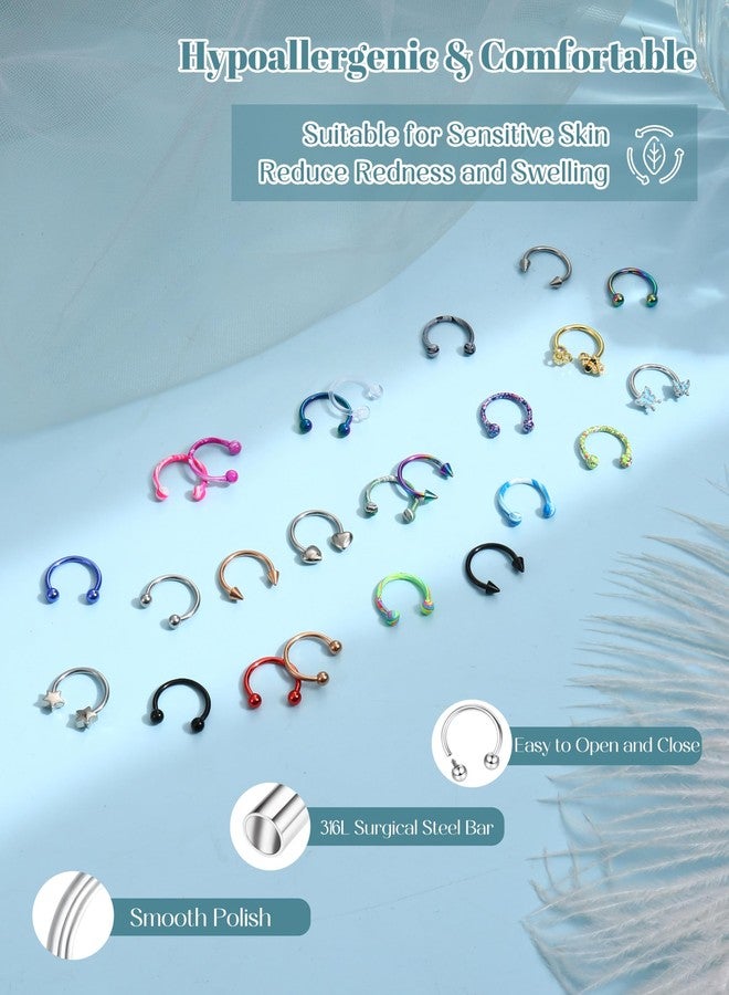 Besteel أفضل 24 قطعة حلقات أنف Septum للنساء 16G - مجوهرات ثقب الشفاه على شكل حدوة حصان غير مسببة للحساسية صغيرة لطيفة من الفولاذ الجراحي المقاوم للصدأ مجموعة حلقات روك كونش هيليكس تراجوس دايث غضروف 10 مم - Image 2