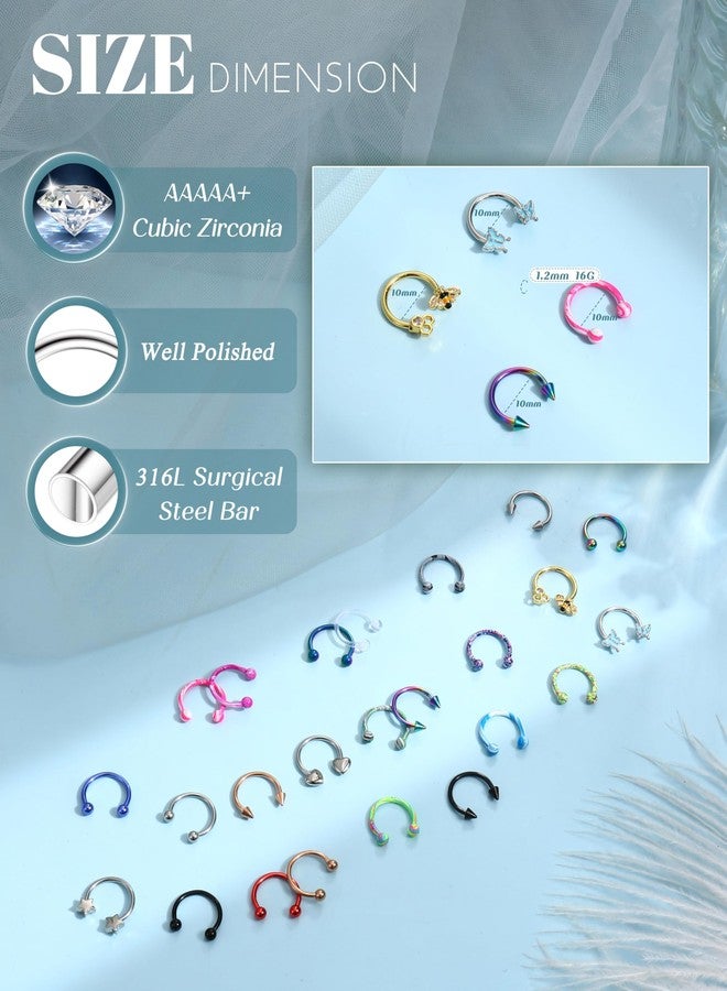 Besteel أفضل 24 قطعة حلقات أنف Septum للنساء 16G - مجوهرات ثقب الشفاه على شكل حدوة حصان غير مسببة للحساسية صغيرة لطيفة من الفولاذ الجراحي المقاوم للصدأ مجموعة حلقات روك كونش هيليكس تراجوس دايث غضروف 10 مم - Image 3
