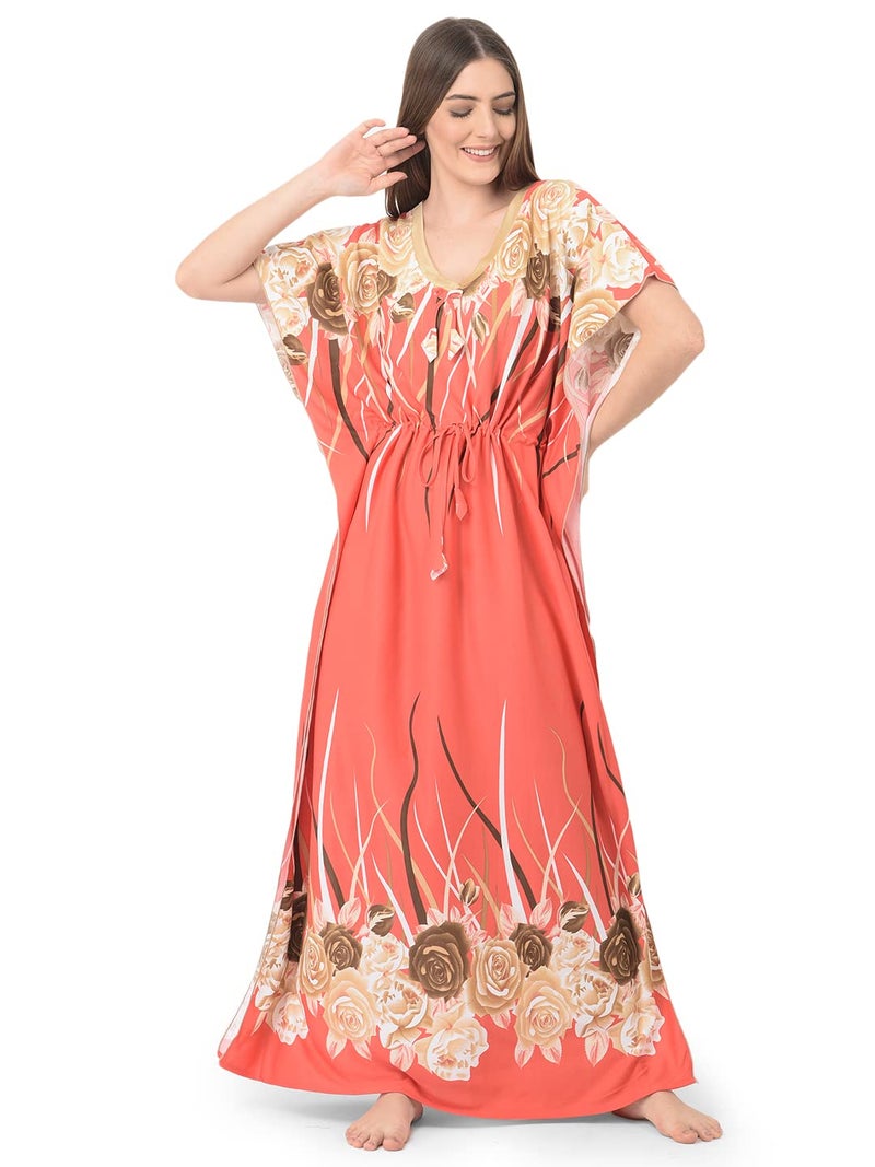 Noty Store Noty Satin Women's Kaftan Nighty | Floral Print Maxi | Sarena Fabric | Short Slevees Nightie | Nightgown For Girls & Women (Free Size, Carrot Orange), Flamingo Pink - Image 1