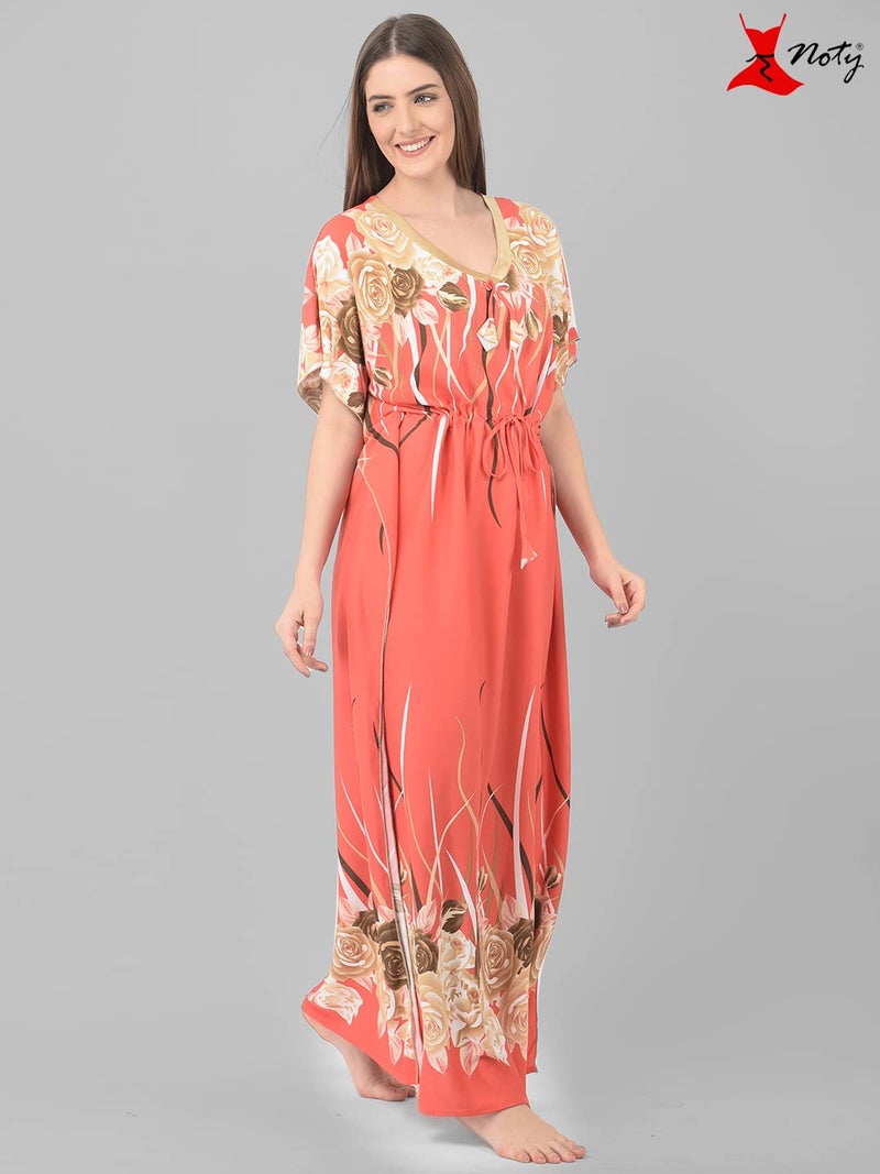 Noty Store Noty Satin Women's Kaftan Nighty | Floral Print Maxi | Sarena Fabric | Short Slevees Nightie | Nightgown For Girls & Women (Free Size, Carrot Orange), Flamingo Pink - Image 2