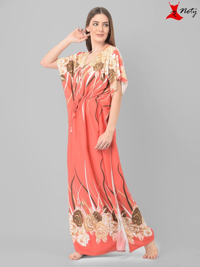 Noty Store Noty Satin Women's Kaftan Nighty | Floral Print Maxi | Sarena Fabric | Short Slevees Nightie | Nightgown For Girls & Women (Free Size, Carrot Orange), Flamingo Pink - Image 5