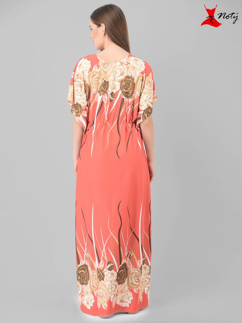 Noty Store Noty Satin Women's Kaftan Nighty | Floral Print Maxi | Sarena Fabric | Short Slevees Nightie | Nightgown For Girls & Women (Free Size, Carrot Orange), Flamingo Pink - Image 3