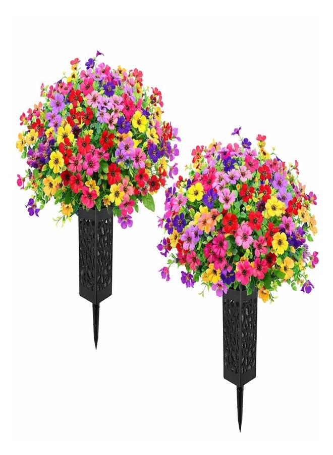 Cemetery Flowers for Grave with Vases, 2pcs Artificial Flowers Cemetery Decorations for Grave, Faux Bouquet Graveyard Memorial Flowers for Cemetery Decoration, Silk Funeral Floral Arrangements Flower