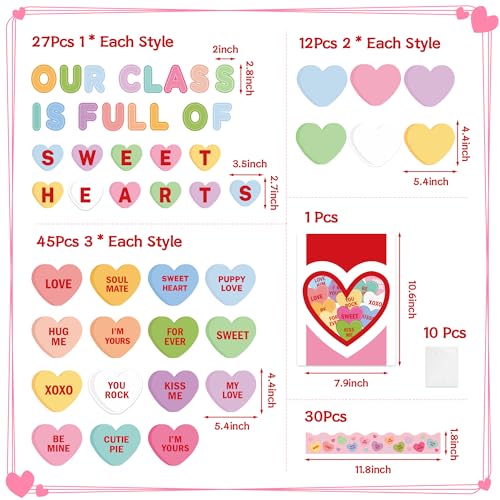 CPicdn 125Pcs Valentine’s Day Conversation Heart Bulletin Board Classroom Decoration Sweet Candy Heart Cutouts Name Tags Border Trim Valentines Party Supplies School Classroom Wall Door Decor - Image 2