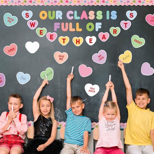 CPicdn 125Pcs Valentine’s Day Conversation Heart Bulletin Board Classroom Decoration Sweet Candy Heart Cutouts Name Tags Border Trim Valentines Party Supplies School Classroom Wall Door Decor - Image 5