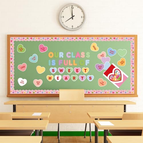 CPicdn 125Pcs Valentine’s Day Conversation Heart Bulletin Board Classroom Decoration Sweet Candy Heart Cutouts Name Tags Border Trim Valentines Party Supplies School Classroom Wall Door Decor - Image 4