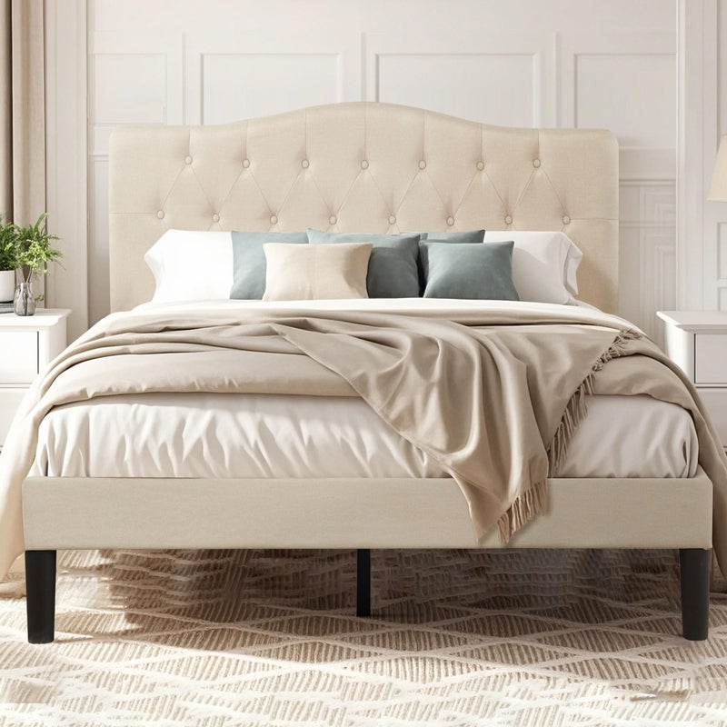VECELO Full Size Platform Bed Frame with Fabric Upholstered Headboard and Wooden Slats Support No Box Spring NeededEasy AssemblyBeige