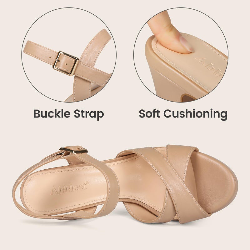 Abbleet Platform High Heels for Women Strappy Chunky Heels Sandals for Women Open Toe Block Heeled Sandals with Ankle Strap Summer Dress Shoes(NUDE,8) - Image 5