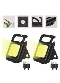 Keychain LED Light with Bottle Opener, Magnetic Base and Folding Bracket Mini COB 1000 Lumens Rechargeable Emergency Light for Camping Cycling (Square with 4 Modes, Aluminum) Pack of 2