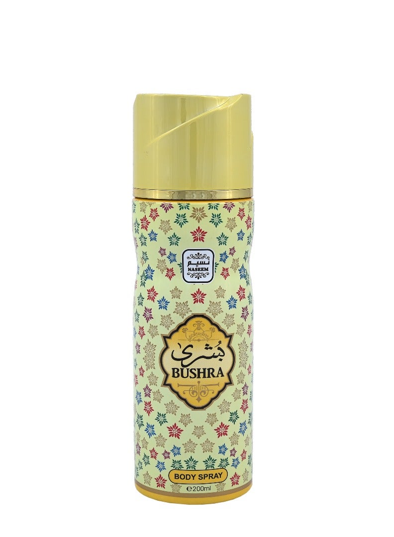 Naseem Bushra Body Spray 200ml – Unisex Oriental Refreshing and Long-Lasting Fragrance Mist, All-Day Freshness, Premium Quality Body Perfumes for Everyday UseFragrance with Fresh Citrus Top, Fruity-Aquatic Heart, and Woody Base