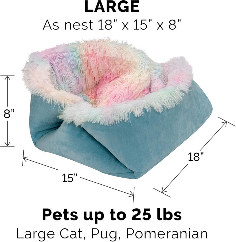 Furhaven Self-Warming Cat Bed for Indoor Cats, 4-Beds-in-1 & Washable - Plush Long Faux Fur Convertible Cuddler - Rainbow, Large - Image 2