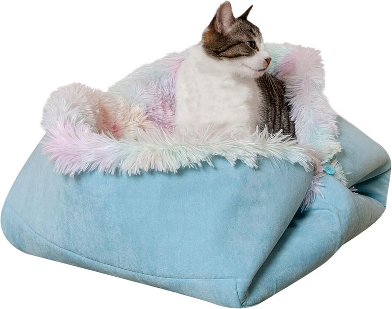 Furhaven Self-Warming Cat Bed for Indoor Cats, 4-Beds-in-1 & Washable - Plush Long Faux Fur Convertible Cuddler - Rainbow, Large - Image 1