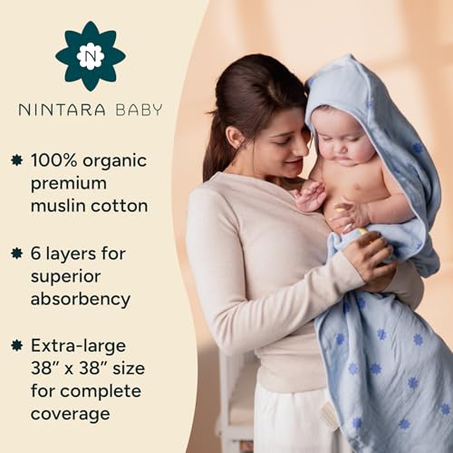 NINTARABABY Hooded Towel - 100% Organic Premium Muslin Cotton, 38" x 38" (96 cm x 96 cm), Ultra-Absorbent, Soft, Breathable, Extra-Large, Hypoallergenic, Gifts for Infants & Toddlers - Image 3