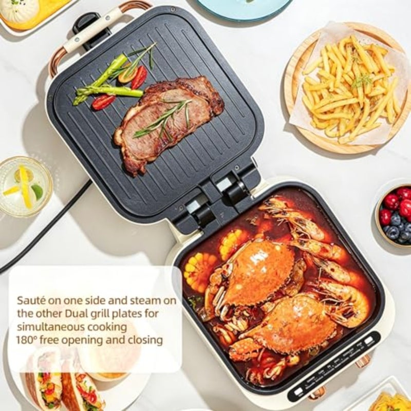 7-in-1 electric griddle for home cooking, aluminum alloy with black non-stick coating, smokeless design with dual-zone precise temperature control and foldable storage - Image 4