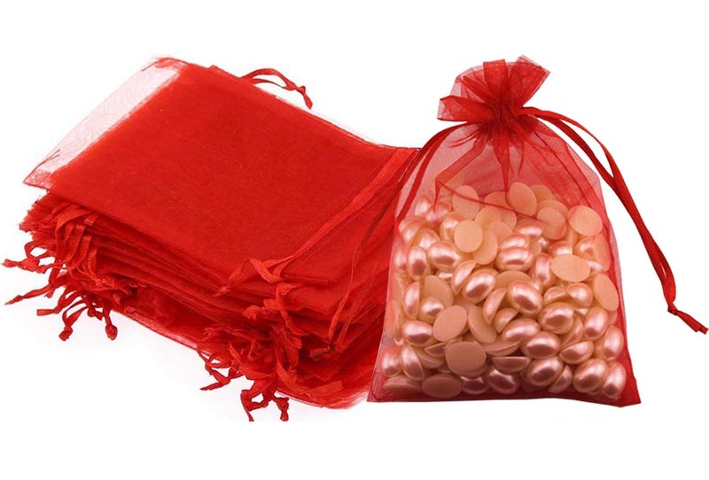 Pimuza 50 Pc 5x7 inch Gift Wrap Bags RedOrganza Sheer FabricDrawstring Glossy Pastel Treat Bags for Baby Shower FavorHouse Party FavorsBridal Shower FavorLipsense HolderXmasTeaCookiesChocolate - Image 3