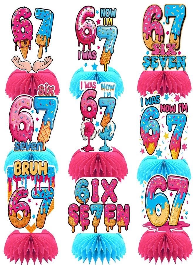 Qpout 9Pcs 67 Honeycomb Table Centerpieces, 6 7 Birthday Decorations Donut Ice Cream Theme, Funny 67 Meme Themed Party Decorations Set, Party Supplies for Kids Teens Adults - Image 1