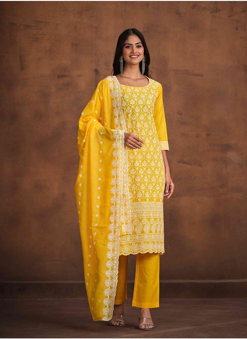 ISHIN Women's Yellow 100% Cotton Embellished Tunic Full Length Casual Straight Fit Kurta Set  - Image 3