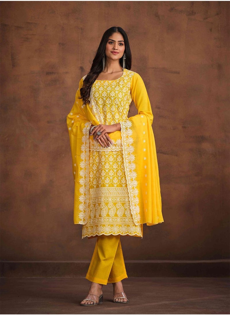 ISHIN Women's Yellow 100% Cotton Embellished Tunic Full Length Casual Straight Fit Kurta Set  - Image 1