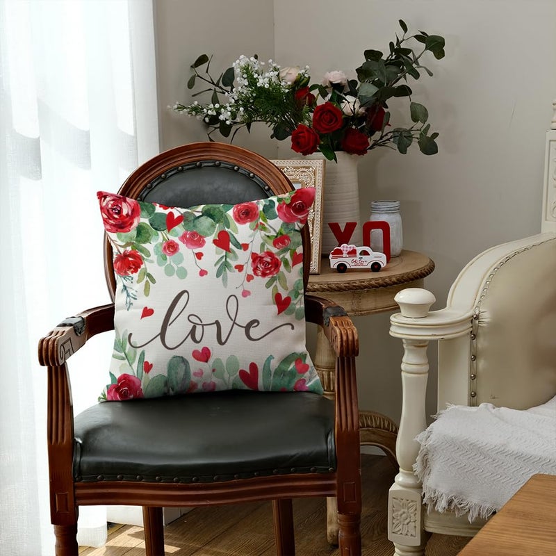 AACORS Valentine's Day Pillow Cover 16X16 Inch Red Heart Rose Floral Love Decor Holiday Farmhouse Pillow Case Gifts Decoration for Home Sofa Couch AA292-16 - Image 5