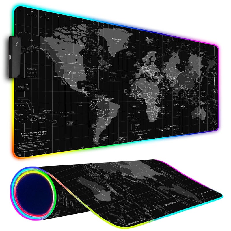Armanza RGB Gaming Mouse Pad, Large Mousepad with Led Light, Gaming Accessories Keyboard Pad for Desk, Non-Slip Rubber Base Big Mouse Mat for Gamer, 31.5 X 11.8 Inch, Black World Map - Image 1