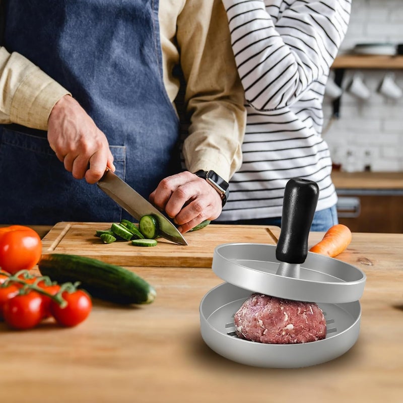Burger Press Aluminum, Patty Maker with Wood Handle, Contains Two Wax Paper, Ideal for Easy Patty Creation, Dishwasherable, Mobile for Picnics and Outing, Black Grip - Image 3