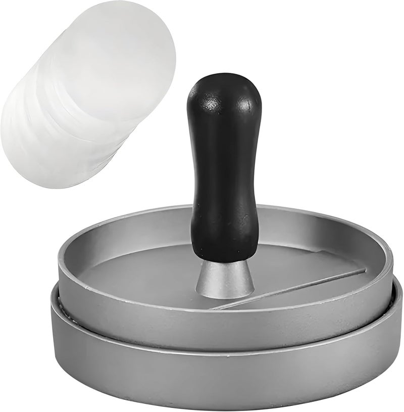 Burger Press Aluminum, Patty Maker with Wood Handle, Contains Two Wax Paper, Ideal for Easy Patty Creation, Dishwasherable, Mobile for Picnics and Outing, Black Grip - Image 1