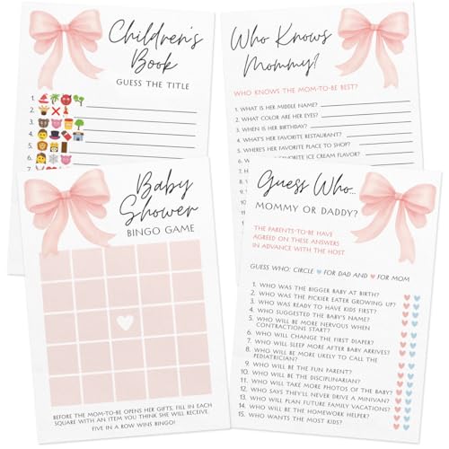 Printed Party Baby Shower Games for Girl – Pink Bow Design, Set of 4 Fun Activities for 30 Guests, Includes Double-Sided Bingo, Icon Guessing Game, Who Knows Mommy Cards, and Mommy or Daddy Guess Who - Image 1