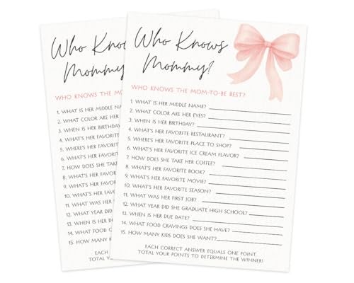Printed Party Baby Shower Games for Girl – Pink Bow Design, Set of 4 Fun Activities for 30 Guests, Includes Double-Sided Bingo, Icon Guessing Game, Who Knows Mommy Cards, and Mommy or Daddy Guess Who - Image 5