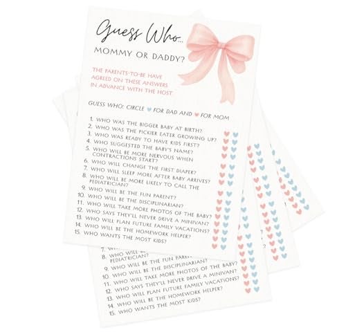 Printed Party Baby Shower Games for Girl – Pink Bow Design, Set of 4 Fun Activities for 30 Guests, Includes Double-Sided Bingo, Icon Guessing Game, Who Knows Mommy Cards, and Mommy or Daddy Guess Who - Image 4