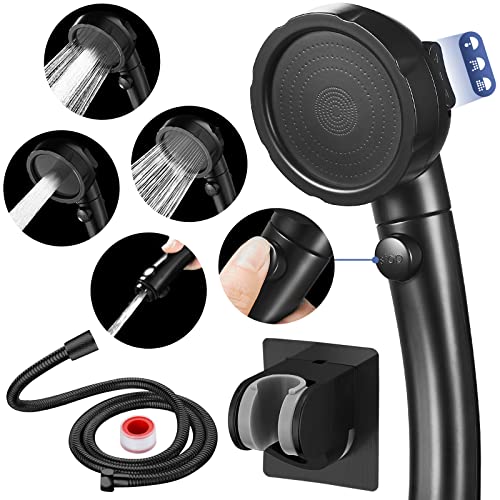 HANLIAN High Pressure Shower Head with Pause Button, 3 Spray Modes Shower Head for RV Camper, Water Saving On Off Shower, Handheld Shower Head with Hose and Adjustable Self-adhesive Holder (Black) - Image 1