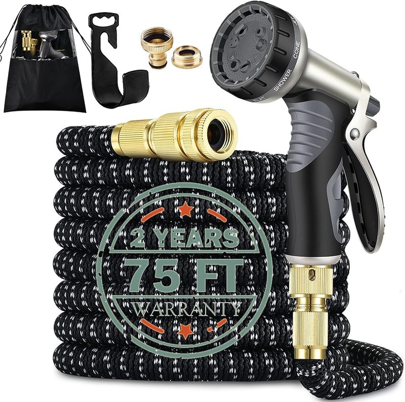 HmiL-U Expandable Garden Hose with Double Latex Core - 75FT Hose Pipe, Solid Brass Fitting, Metal Spray Gun Noose for Gardening, House, Car, Floor, Yard, Pet Washing - Image 1