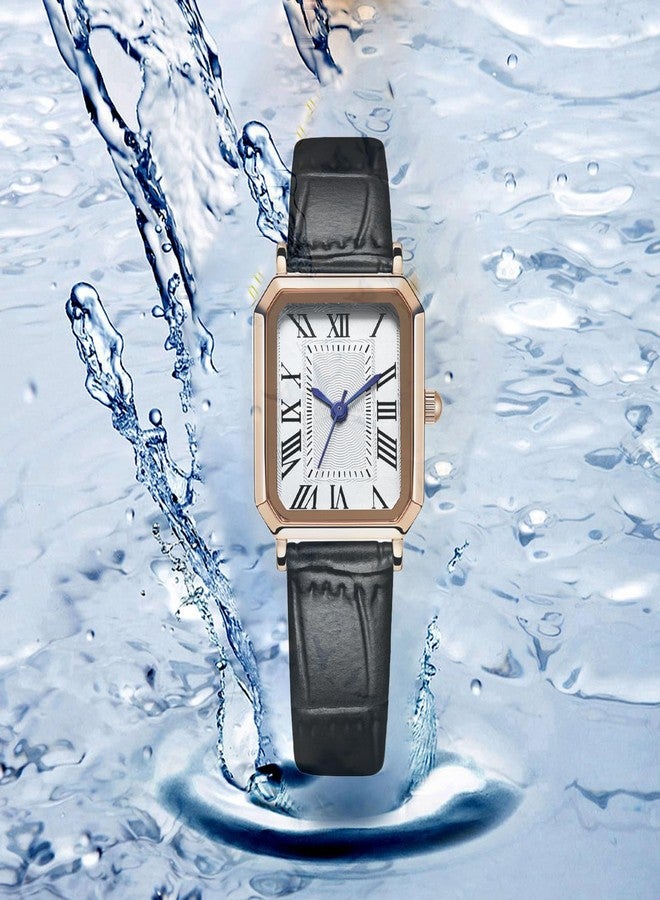 BESTKANG Leather Strap Watches for Women Elegant Dainty Ladies Watch Vintage Rectangle Women Quartz Wrist Watch, Black Rose Gold White, vintage - Image 5