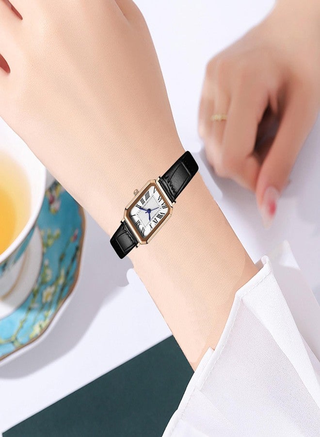 BESTKANG Leather Strap Watches for Women Elegant Dainty Ladies Watch Vintage Rectangle Women Quartz Wrist Watch, Black Rose Gold White, vintage - Image 4