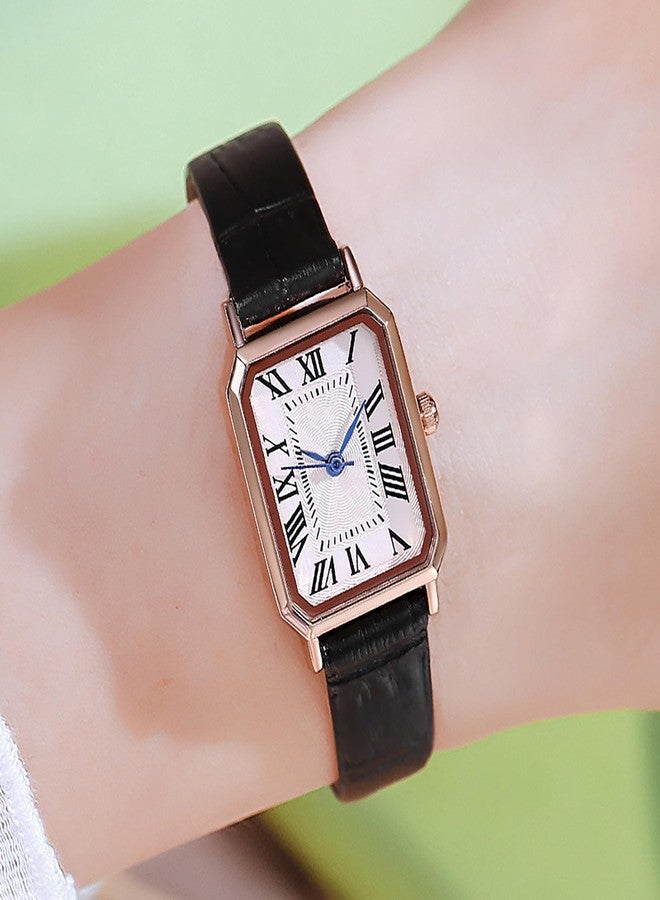 BESTKANG Leather Strap Watches for Women Elegant Dainty Ladies Watch Vintage Rectangle Women Quartz Wrist Watch, Black Rose Gold White, vintage - Image 2