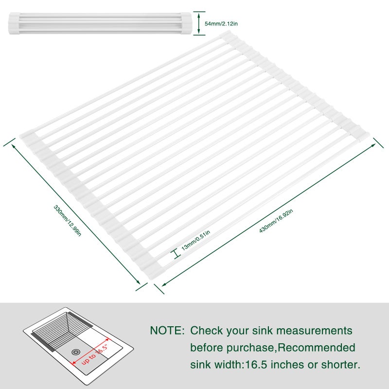Hanzenma Roll Up Dish Drying Rack - Over The Sink, Multipurpose Foldable Sink Drying Mat, Heat-Resistant, Anti-Slip & Anti-Rust, 17" x 13", White - Image 2
