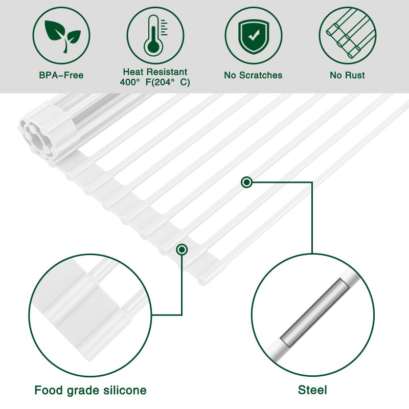 Hanzenma Roll Up Dish Drying Rack - Over The Sink, Multipurpose Foldable Sink Drying Mat, Heat-Resistant, Anti-Slip & Anti-Rust, 17" x 13", White - Image 5