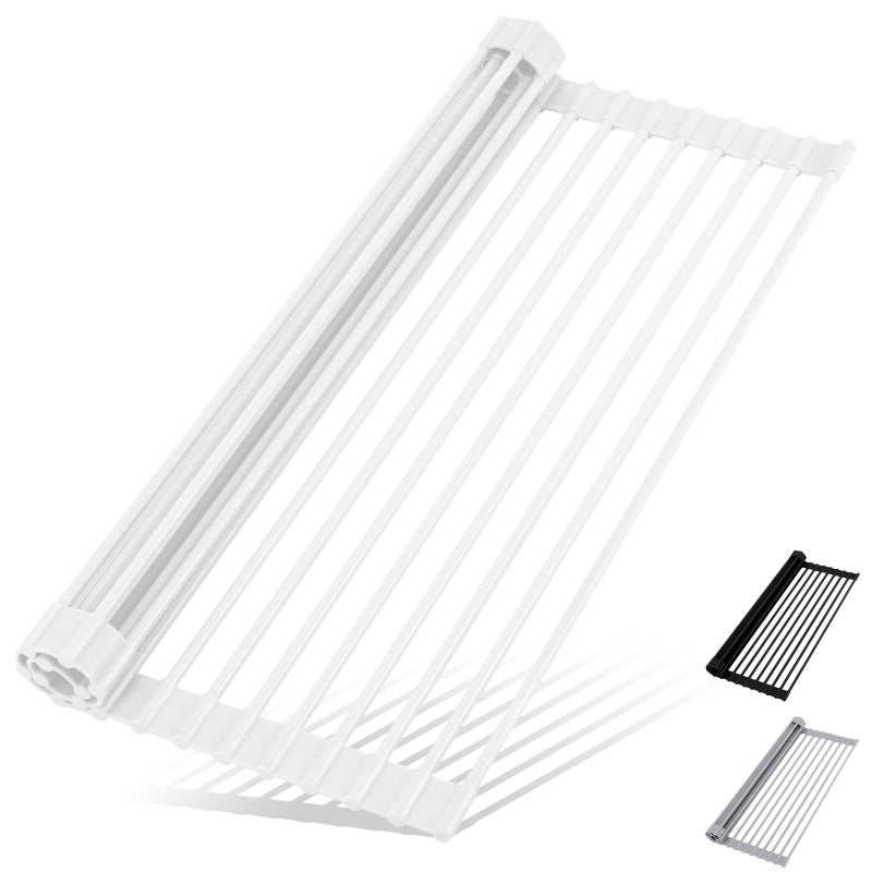 Hanzenma Roll Up Dish Drying Rack - Over The Sink, Multipurpose Foldable Sink Drying Mat, Heat-Resistant, Anti-Slip & Anti-Rust, 17" x 13", White - Image 1