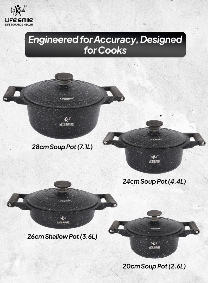 Life Smile طقم أواني طهي غير لاصقة 8 قطع - طقم أواني ومقالي جرانيت ، 100% خالية من PFOA ، أواني طهي بمقابض وبكاليتي ، طقم طهي بقاعدة تحريضية يتضمن وعاء حساء 20/24/28 سم ووعاء ضحل 26 سم - Image 3