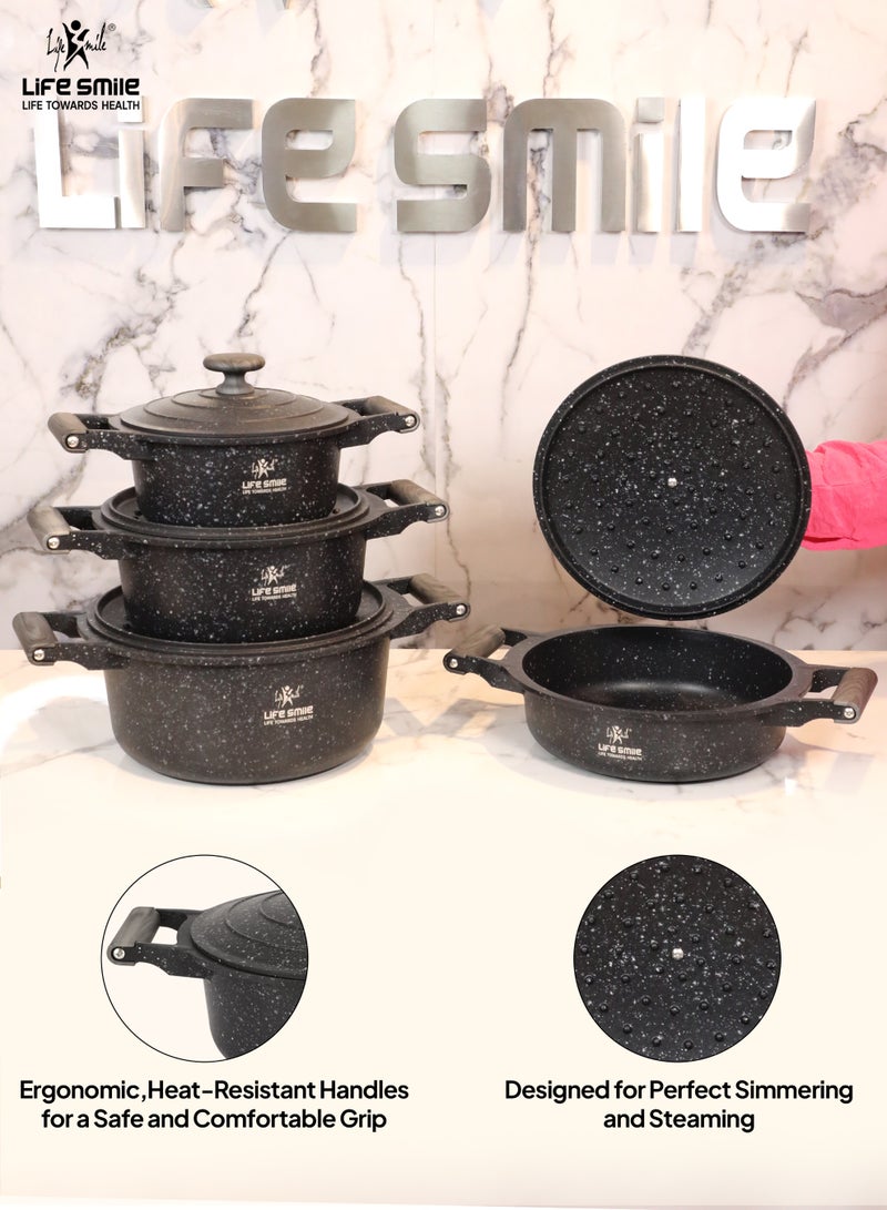 Life Smile طقم أواني طهي غير لاصقة 8 قطع - طقم أواني ومقالي جرانيت ، 100% خالية من PFOA ، أواني طهي بمقابض وبكاليتي ، طقم طهي بقاعدة تحريضية يتضمن وعاء حساء 20/24/28 سم ووعاء ضحل 26 سم - Image 5