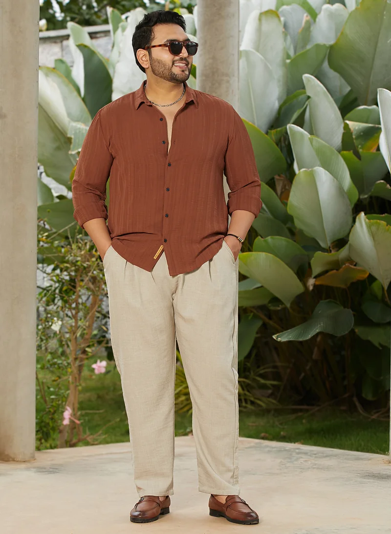 Instafab Plus Instafab Plus Men's Sand Beige Pleated Tailored Trousers For Casual Wear | Mid-Rise | Regular Fit | Button Closure | Plus Size Trousers Crafted With Comfort Fit For Everyday Wear
