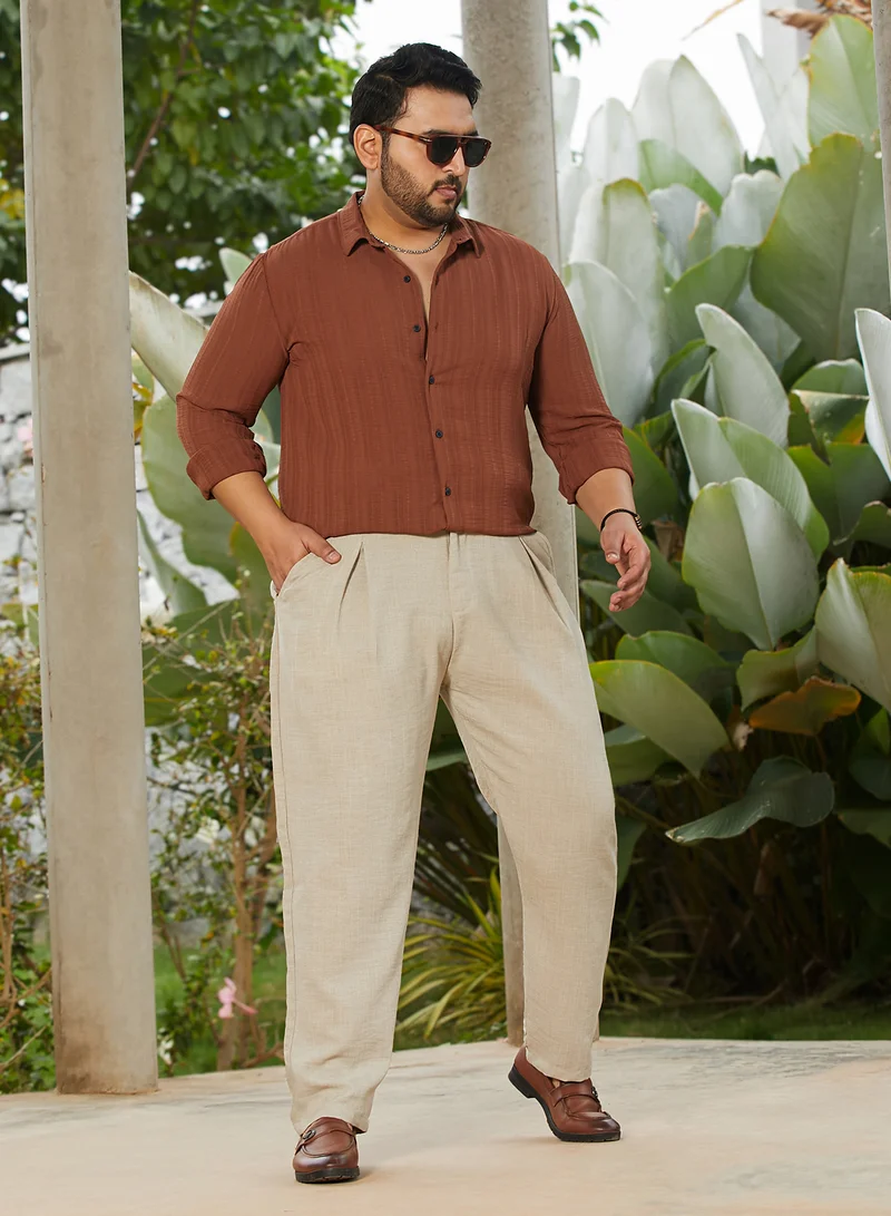 Instafab Plus Instafab Plus Men's Sand Beige Pleated Tailored Trousers For Casual Wear | Mid-Rise | Regular Fit | Button Closure | Plus Size Trousers Crafted With Comfort Fit For Everyday Wear