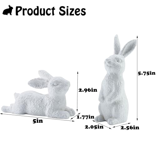 AOMOONOA Easter Bunny Figurines Set of 2 White Rabbit Decor with Rustic Stone Texture Resin Bunny Statue for Spring Home Table Mantel Farmhouse Decorations - Image 3