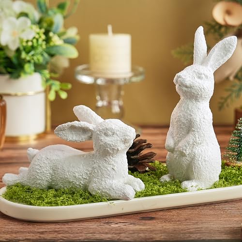 AOMOONOA Easter Bunny Figurines Set of 2 White Rabbit Decor with Rustic Stone Texture Resin Bunny Statue for Spring Home Table Mantel Farmhouse Decorations - Image 1