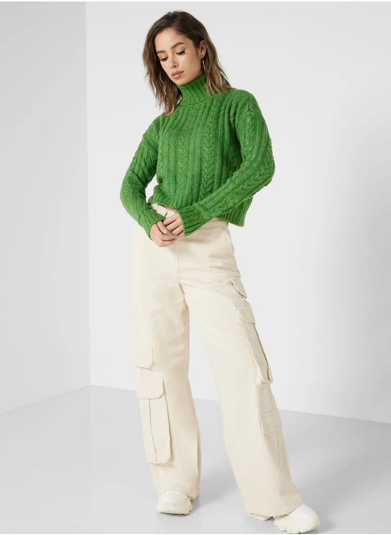 جينجر High Neck Cable Knit Sweater