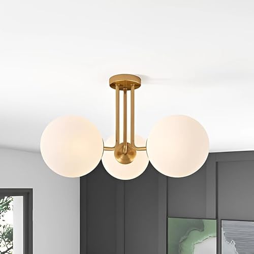 RBSK Modern Ceiling Light, 3-Light Glass Globe Semi Flush Mount, White and Gold, for Living Room, Dining Room (Without Bulb) - Image 2