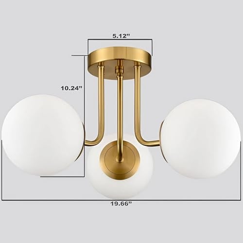 RBSK Modern Ceiling Light, 3-Light Glass Globe Semi Flush Mount, White and Gold, for Living Room, Dining Room (Without Bulb) - Image 3