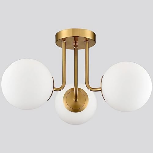 RBSK Modern Ceiling Light, 3-Light Glass Globe Semi Flush Mount, White and Gold, for Living Room, Dining Room (Without Bulb) - Image 4
