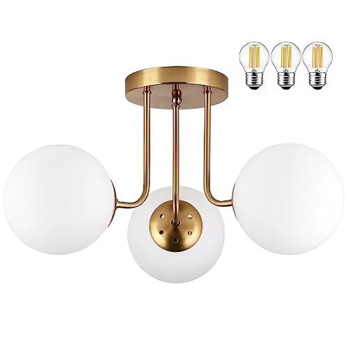 RBSK Modern Ceiling Light, 3-Light Glass Globe Semi Flush Mount, White and Gold, for Living Room, Dining Room (Without Bulb) - Image 5